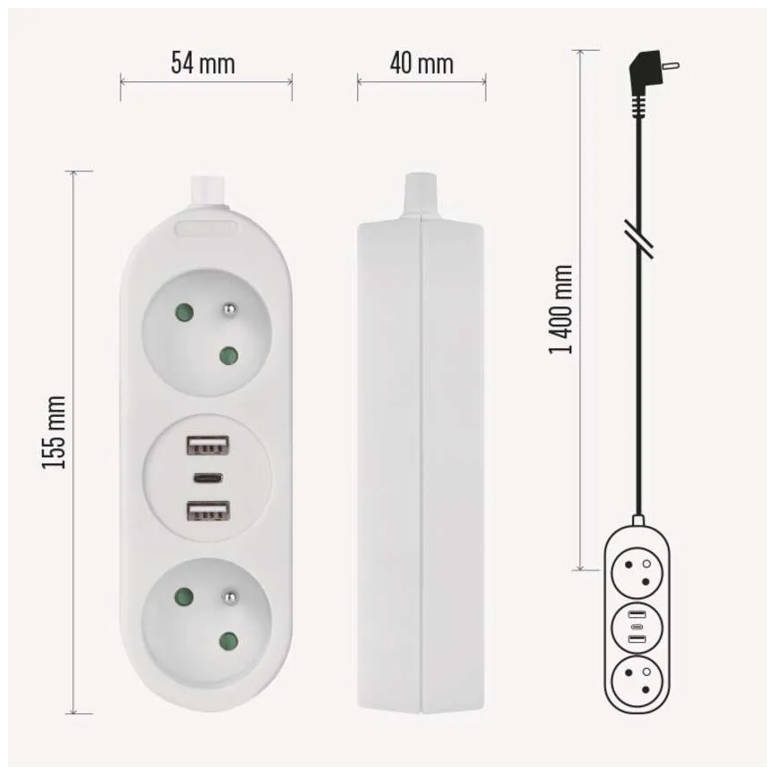 Przedłużacz 2 gniazdowy + 2x USB-A + USB-C 1,4 m