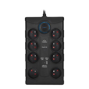 Przedłużacz 2 m z wyłącznikiem 8Z, wtyk Typ E + 1x USB-A + 1x USB-C, czarny