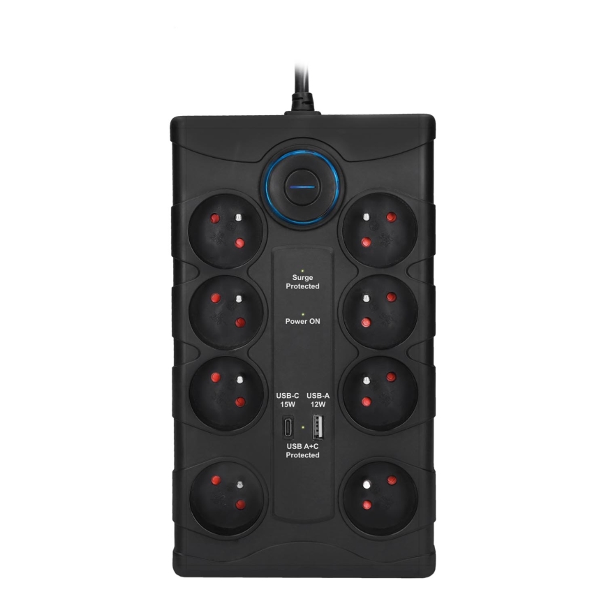 Przedłużacz 2 m z wyłącznikiem 8Z, wtyk Typ E + 1x USB-A + 1x USB-C, czarny