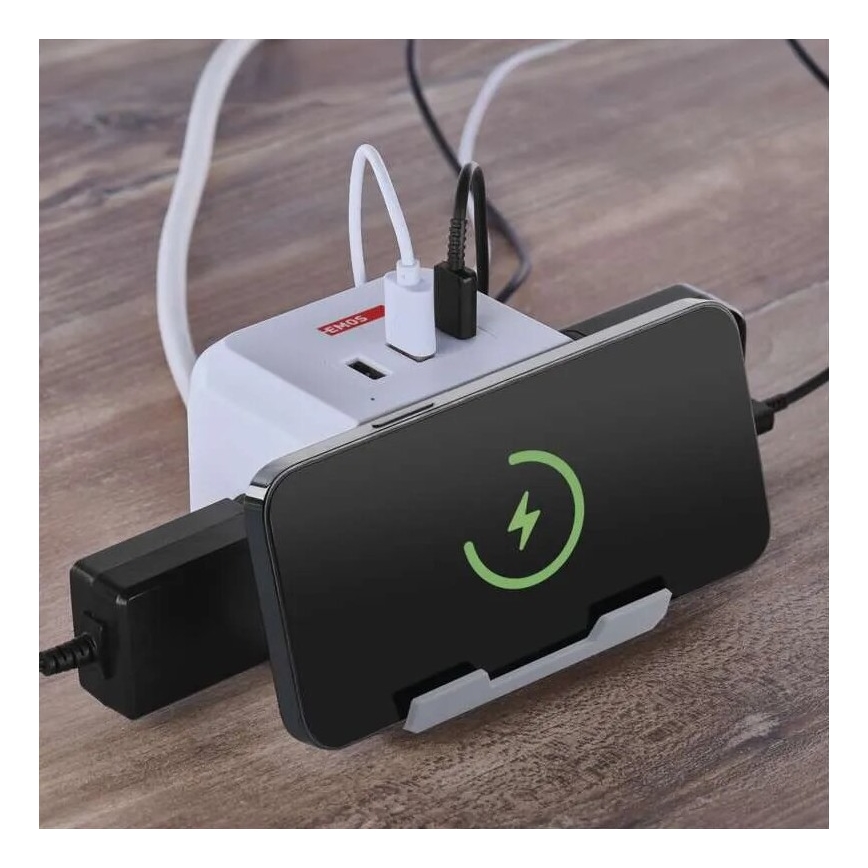 Przedłużacz kostka z bezprzewodowym ładowaniem QI 2Z +2xUSB-A+1xUSB-C 2m biały
