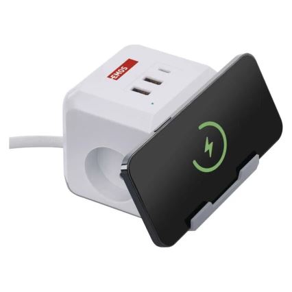 Przedłużacz kostka z bezprzewodowym ładowaniem QI 2Z +2xUSB-A+1xUSB-C 2m biały