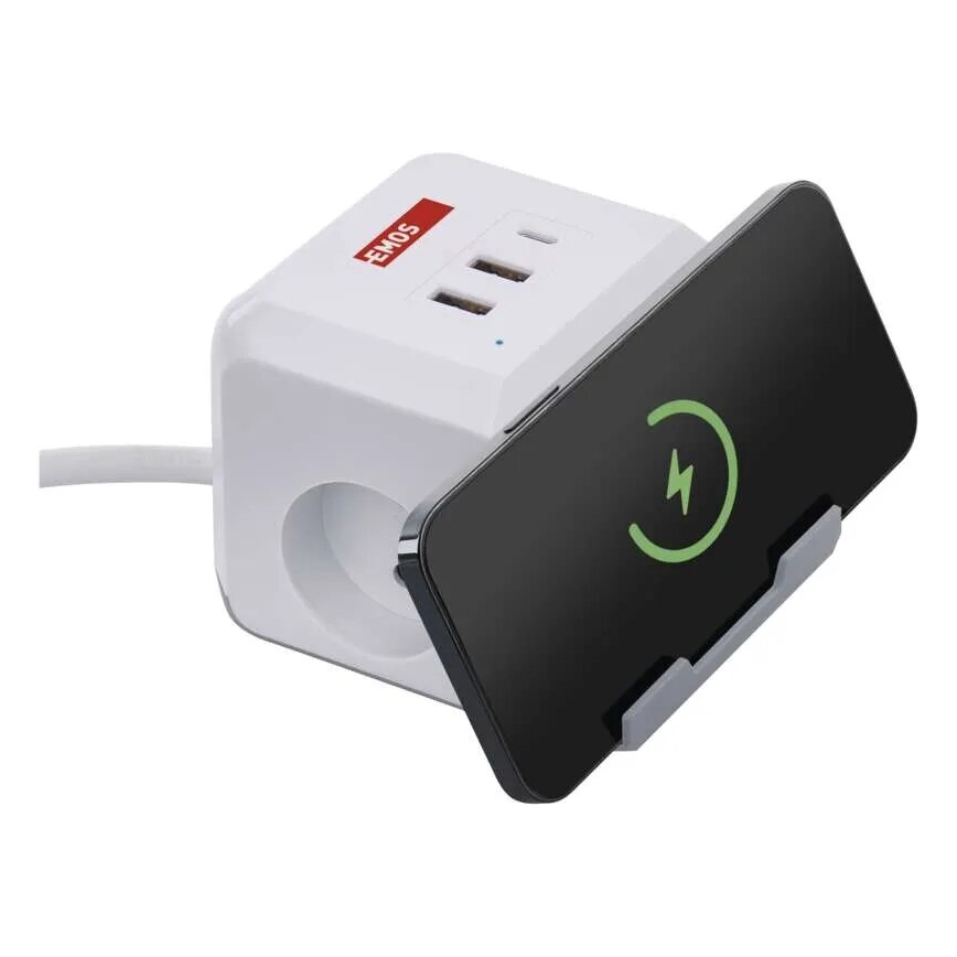 Przedłużacz kostka z bezprzewodowym ładowaniem QI 2Z +2xUSB-A+1xUSB-C 2m biały