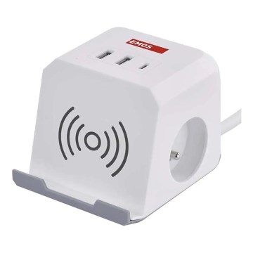 Przedłużacz kostka z bezprzewodowym ładowaniem QI 2Z +2xUSB-A+1xUSB-C 2m biały