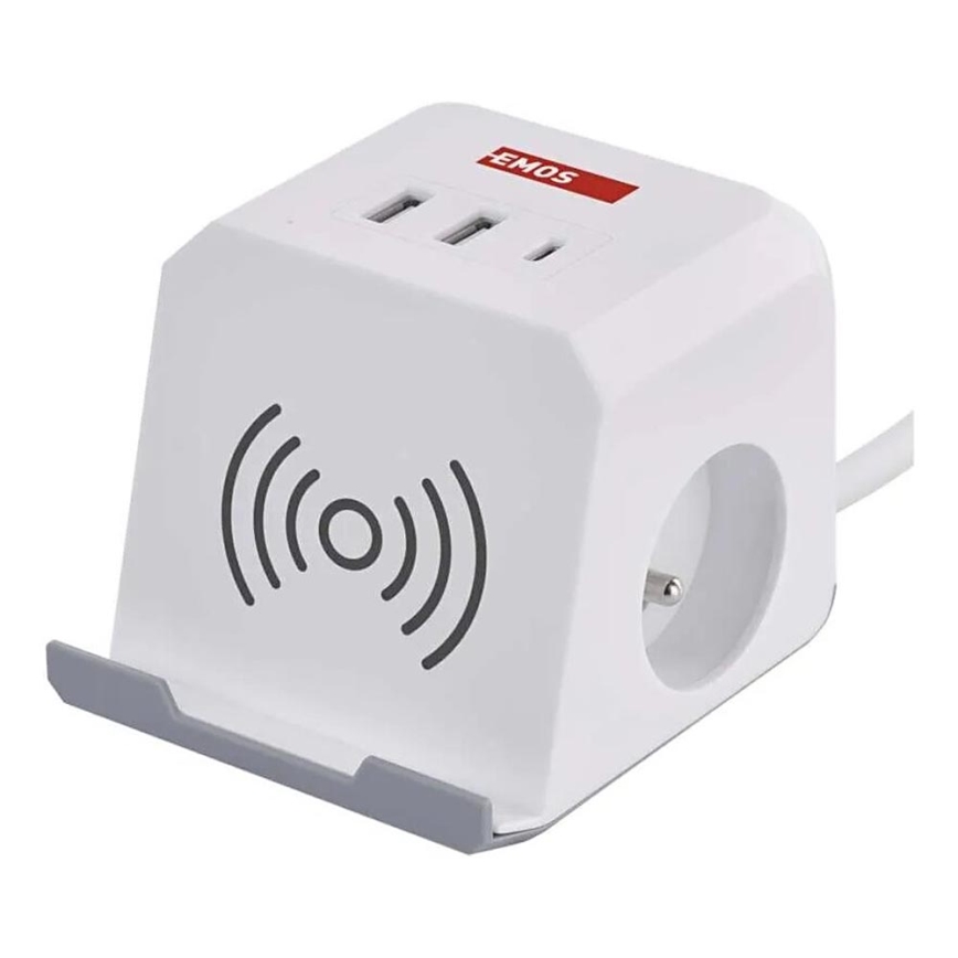 Przedłużacz kostka z ładowaniem bezprzewodowym QI 2Z +2xUSB-A+1xUSB-C 2m biały
