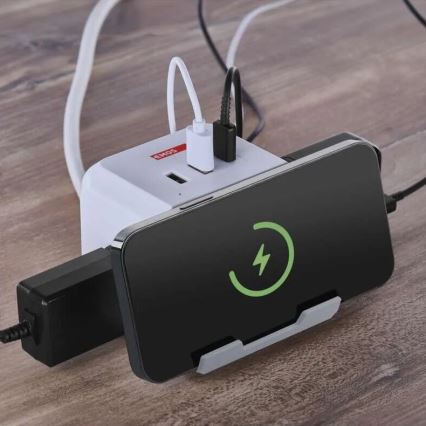 Przedłużacz kostka z ładowaniem bezprzewodowym QI 2Z +2xUSB-A+1xUSB-C 2m biały