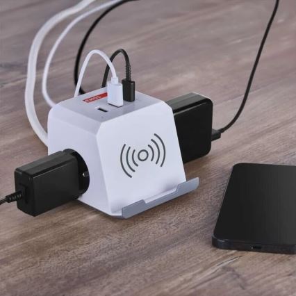 Przedłużacz kostka z ładowaniem bezprzewodowym QI 2Z +2xUSB-A+1xUSB-C 2m biały