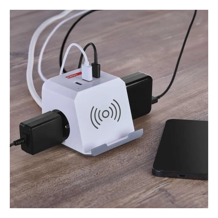 Przedłużacz kostka z ładowaniem bezprzewodowym QI 2Z +2xUSB-A+1xUSB-C 2m biały