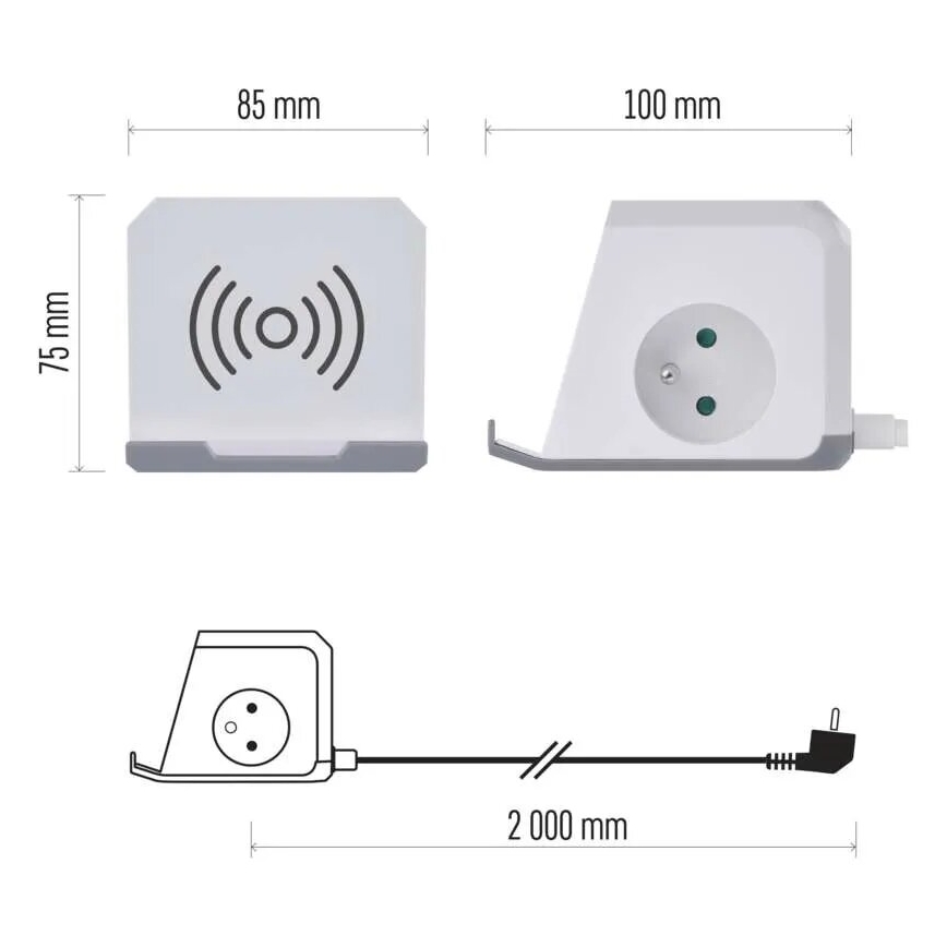 Przedłużacz kostka z ładowaniem bezprzewodowym QI 2Z +2xUSB-A+1xUSB-C 2m biały