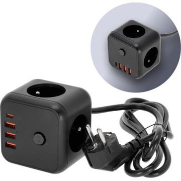 Przedłużacz kostka z wyłącznikiem LINEA 3x230V + 4xUSB A/C czarny