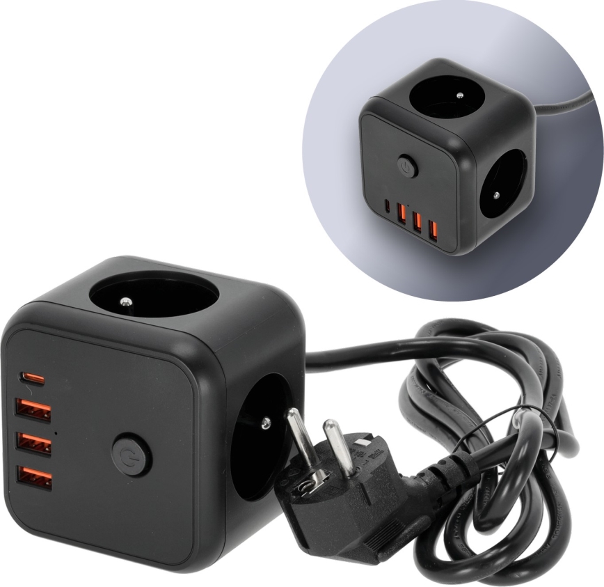Przedłużacz kostka z wyłącznikiem LINEA 3x230V + 4xUSB A/C czarny
