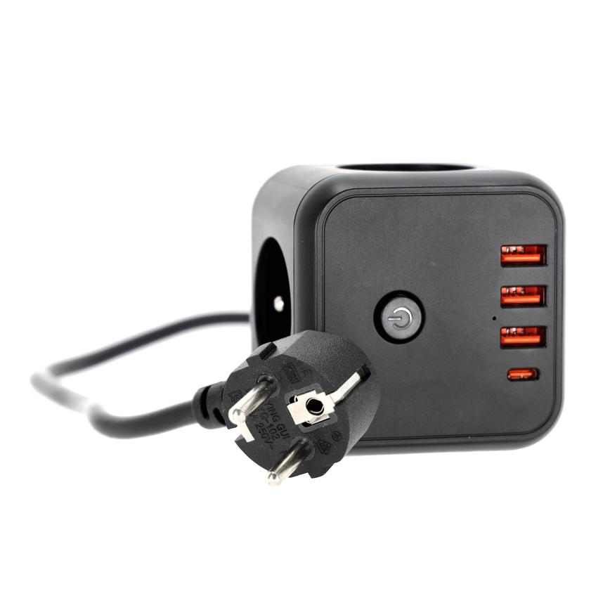Przedłużacz kostka z wyłącznikiem LINEA 3x230V + 4xUSB A/C czarny