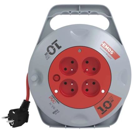 Przedłużacz na bębnie z 4 gniazdami, 10 m, szary/czerwony