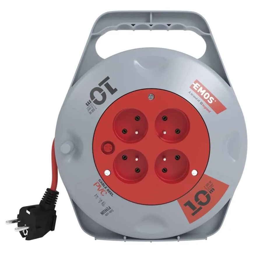 Przedłużacz na bębnie z 4 gniazdami, 10 m, szary/czerwony