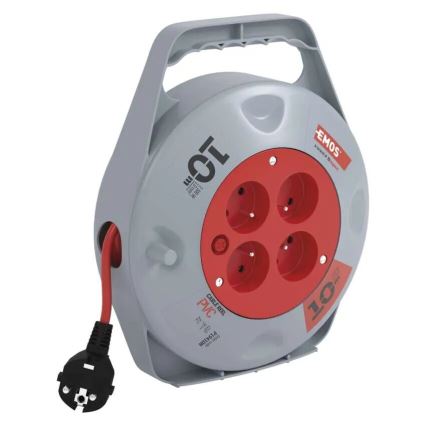 Przedłużacz na bębnie z 4 gniazdami, 10 m, szary/czerwony