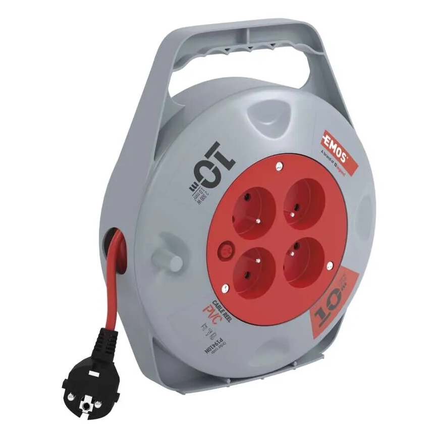 Przedłużacz na bębnie z 4 gniazdami, 10 m, szary/czerwony