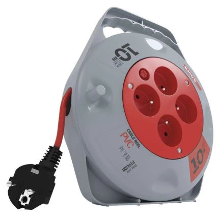 Przedłużacz na bębnie z 4 gniazdami, 10 m, szary/czerwony