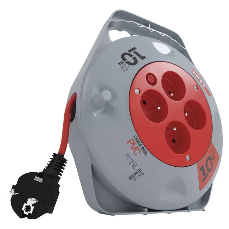 Przedłużacz na bębnie z 4 gniazdami, 10 m, szary/czerwony