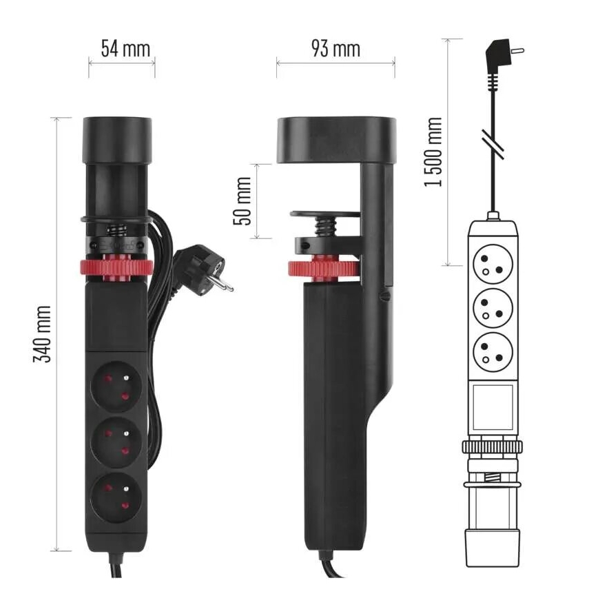 Przedłużacz z mocowaniem do stołu 3Z + 3xUSB 1,5m czarny