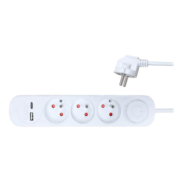 Przedłużacz z wyłącznikiem 3 gniazda + 2x USB, 2 m, biały