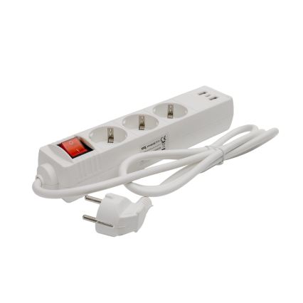 Przedłużacz z wyłącznikiem, 3 gniazda SCHUKO + 2x USB-A + 1x USB-C, 1,5 m, biały