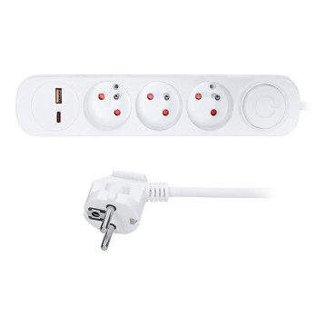 Przedłużacz z wyłącznikiem, 3 gniazdka z ładowaniem USB-A i USB-C, 2 m