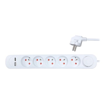Przedłużacz z wyłącznikiem 5 gniazd + 2x USB, 3 m, biały