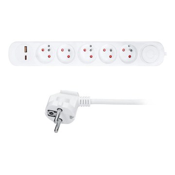 Przedłużacz z wyłącznikiem, 5 gniazd, porty USB A i C do ładowania, 3 m