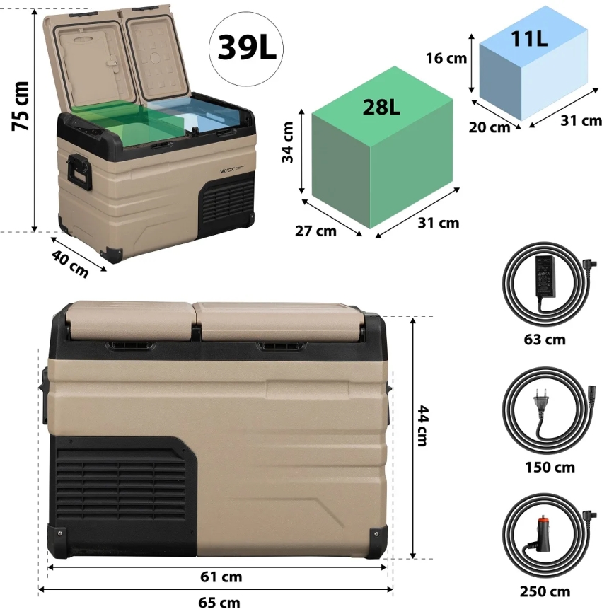 Przenośna lodówka samochodowa z wyświetlaczem LCD 39 l 230V/12V/24V brązowa