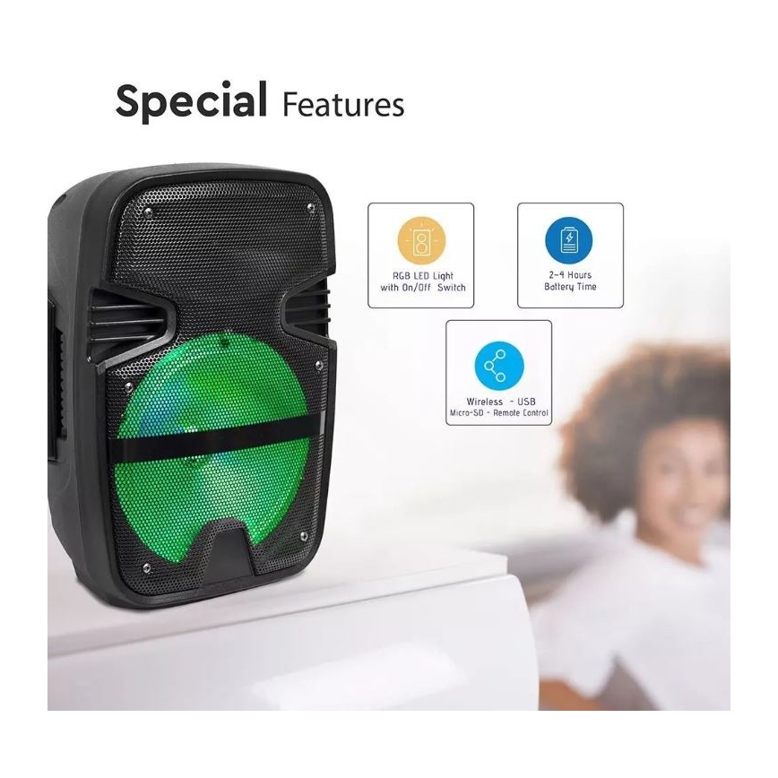 Przenośny głośnik Bluetooth z mikrofonem 15W/3,7V LED RGB + pilot