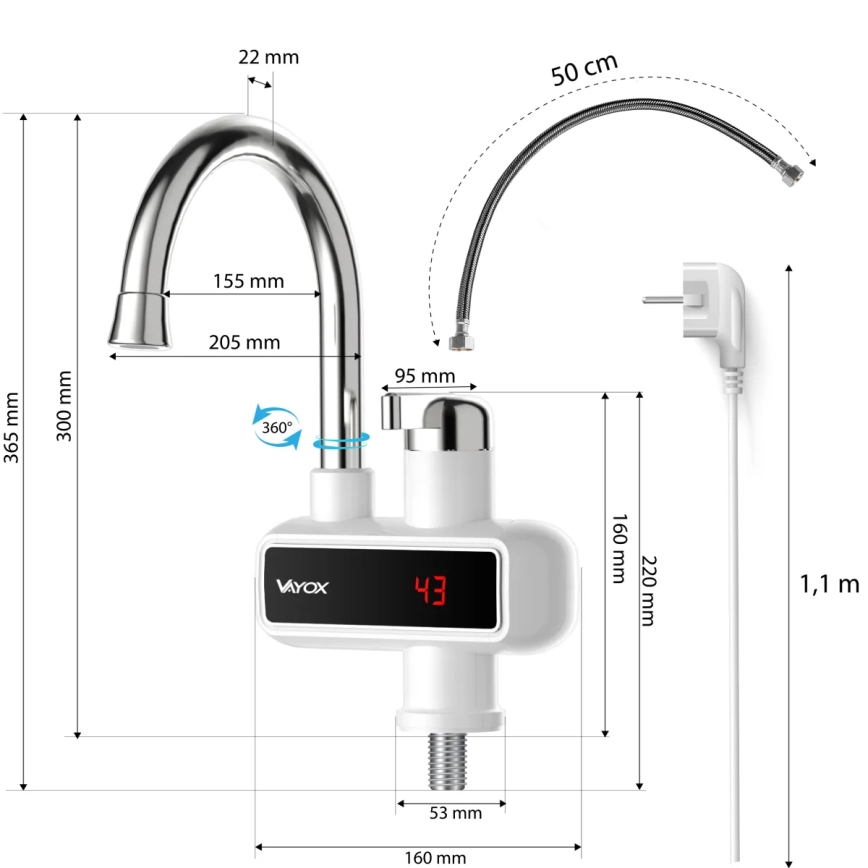 Przepływowy podgrzewacz wody z LED wyświetlaczem 3000W/230V IPX4 biały