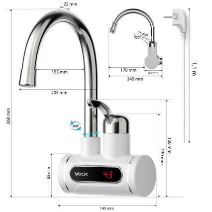 Przepływowy podgrzewacz wody z LED wyświetlaczem 3000W/230V IPX4 biały