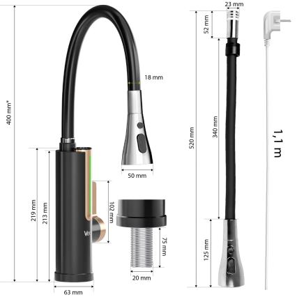 Przepływowy podgrzewacz wody z wyświetlaczem LED 3000W/230V IPX4 czarny