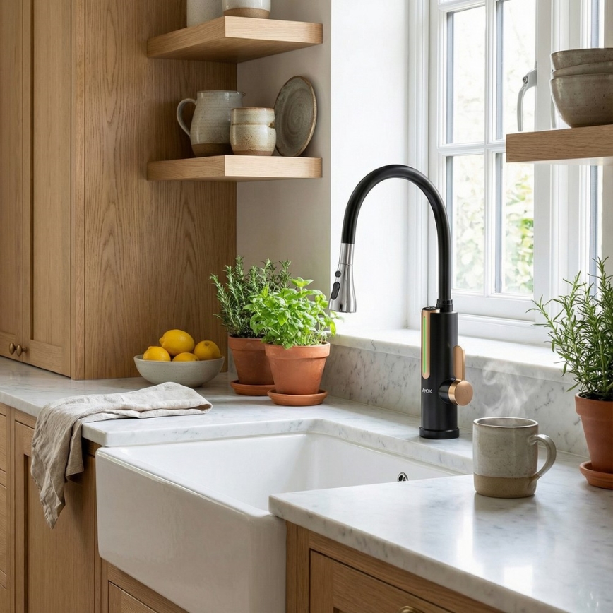 Przepływowy podgrzewacz wody z wyświetlaczem LED 3000W/230V IPX4 czarny/złoty