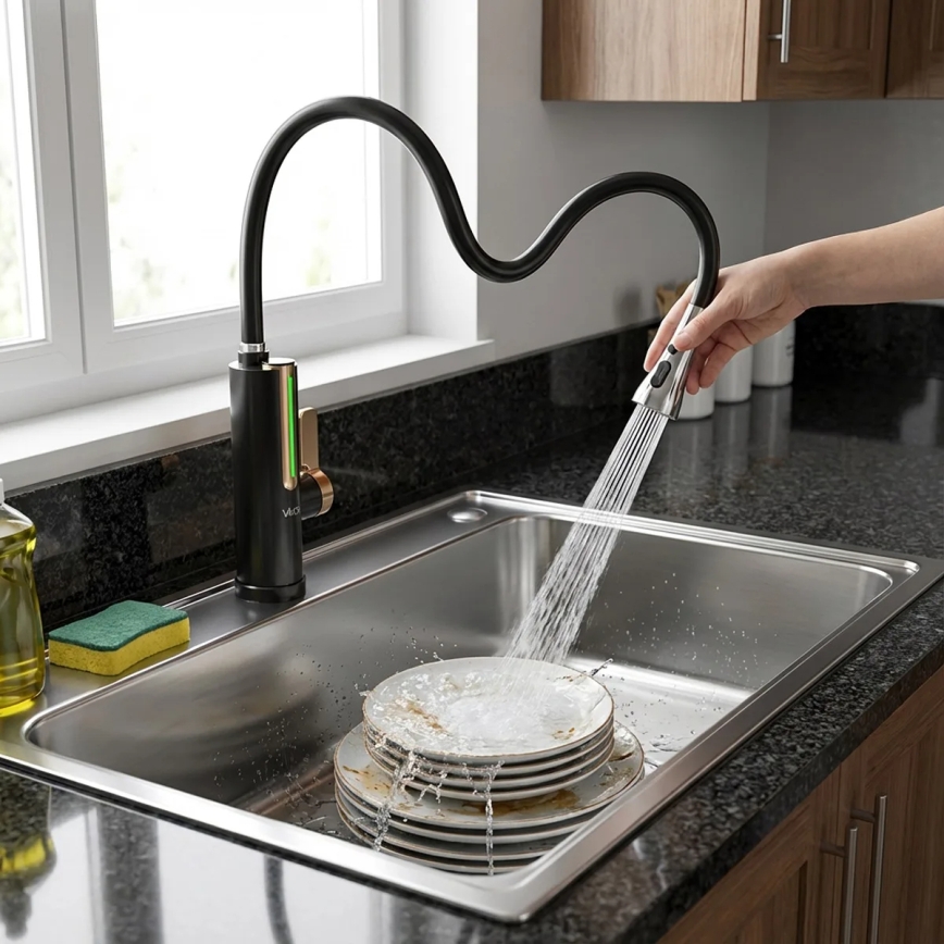 Przepływowy podgrzewacz wody z wyświetlaczem LED 3000W/230V IPX4 czarny/złoty