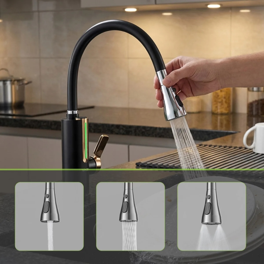 Przepływowy podgrzewacz wody z wyświetlaczem LED 3000W/230V IPX4 czarny/złoty