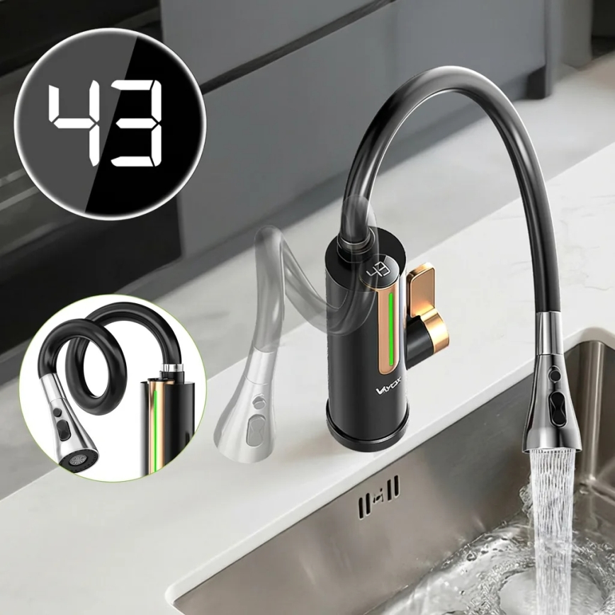 Przepływowy podgrzewacz wody z wyświetlaczem LED 3000W/230V IPX4 czarny/złoty