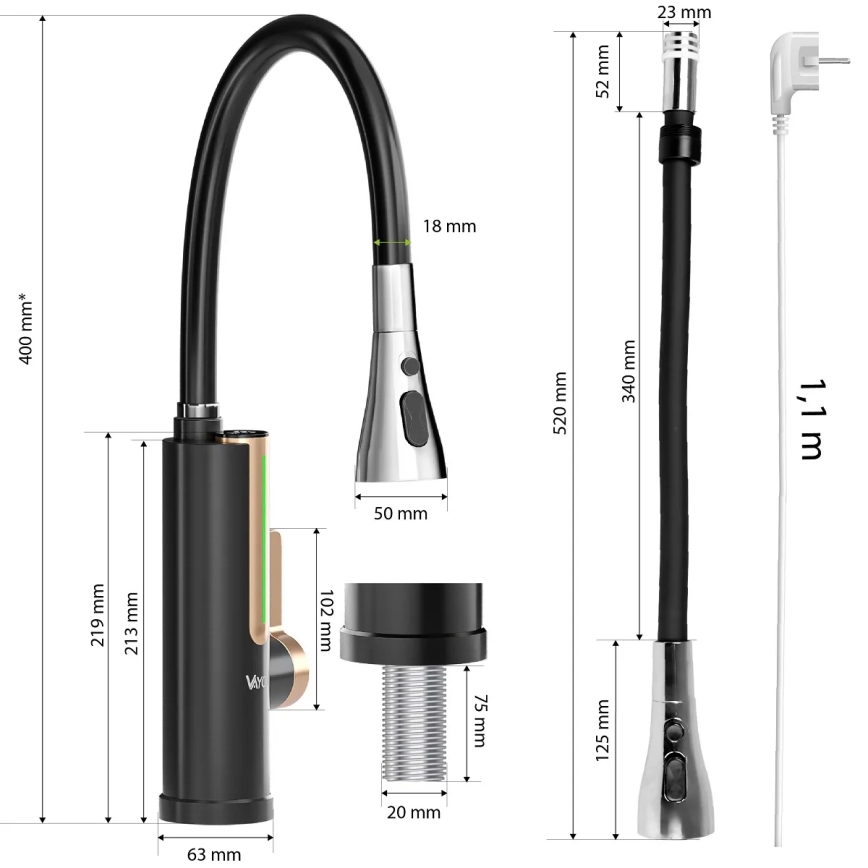 Przepływowy podgrzewacz wody z wyświetlaczem LED 3000W/230V IPX4 czarny/złoty