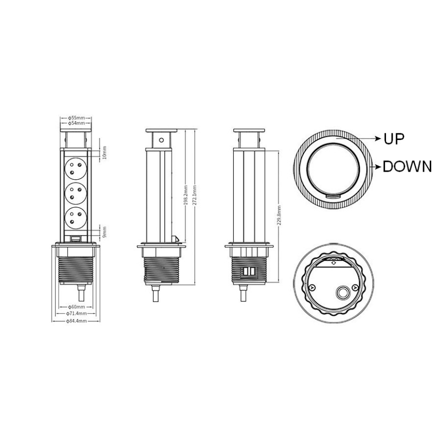 Przyłączeniowy słupek z gniazdami do montażu w blacie stołu — 3x 230 V