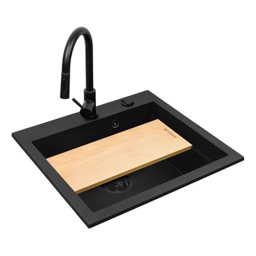 Pyramis 070169001_2 - Zlewozmywak kuchenny z deską do krojenia SIROS 57x51,5 cm + bateria zlewozmywakowa granitowa/czarna