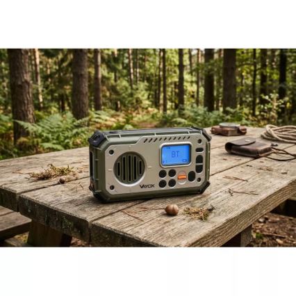 Radio kempingowe z korbką, panelem słonecznym i latarką LED pełniącą funkcję powerbanku 5V/3xAAA/2000 mAh IPX4 zielone