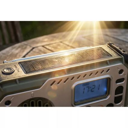 Radio kempingowe z korbką, panelem słonecznym i latarką LED pełniącą funkcję powerbanku 5V/3xAAA/2000 mAh IPX4 zielone