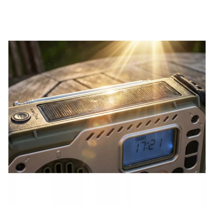 Radio kempingowe z korbką, panelem słonecznym i latarką LED pełniącą funkcję powerbanku 5V/3xAAA/2000 mAh IPX4 zielone