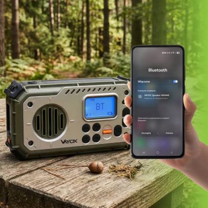 Radio kempingowe z korbką, panelem słonecznym i latarką LED pełniącą funkcję powerbanku 5V/3xAAA/2000 mAh IPX4 zielone