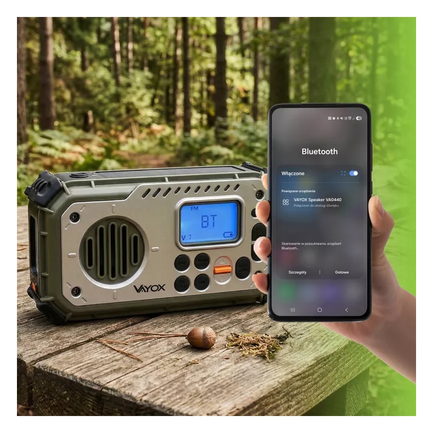 Radio kempingowe z korbką, panelem słonecznym i latarką LED pełniącą funkcję powerbanku 5V/3xAAA/2000 mAh IPX4 zielone