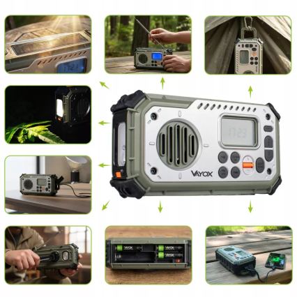 Radio kempingowe z korbką, panelem słonecznym i latarką LED pełniącą funkcję powerbanku 5V/3xAAA/2000 mAh IPX4 zielone
