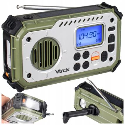 Radio kempingowe z korbką, panelem słonecznym i latarką LED pełniącą funkcję powerbanku 5V/3xAAA/2000 mAh IPX4 zielone