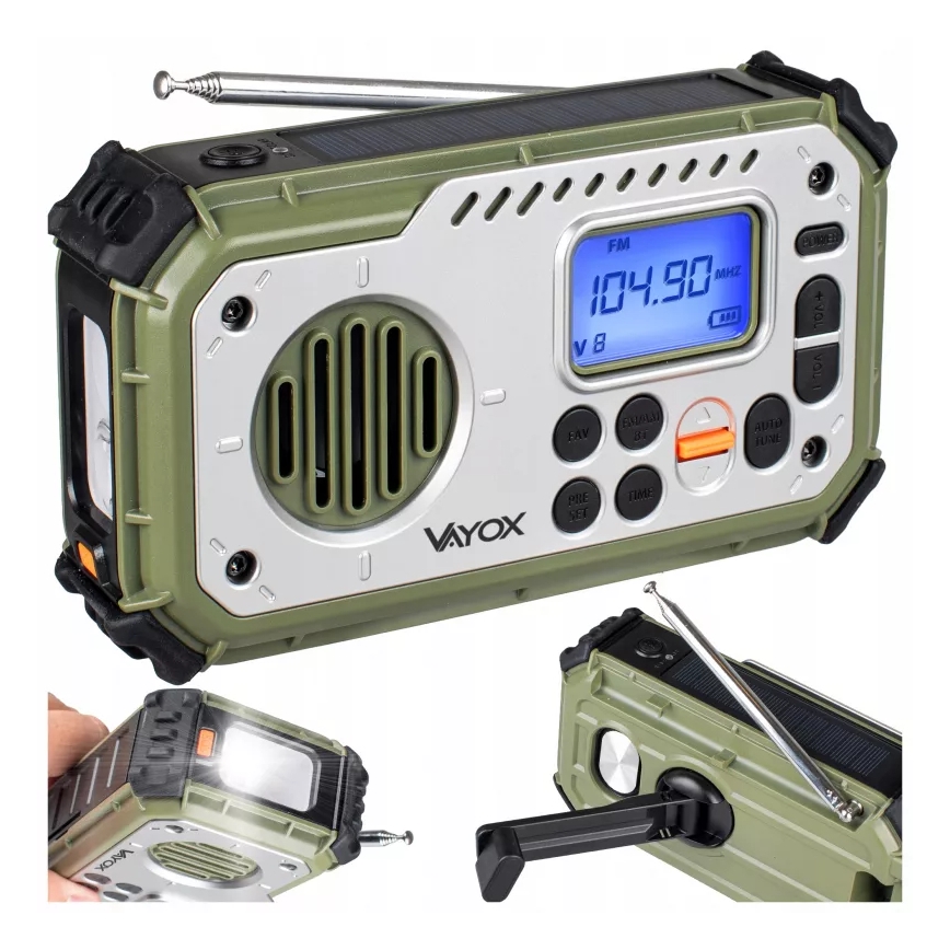 Radio kempingowe z korbką, panelem słonecznym i latarką LED pełniącą funkcję powerbanku 5V/3xAAA/2000 mAh IPX4 zielone