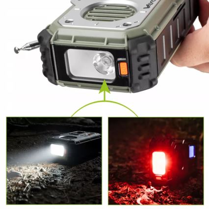 Radio kempingowe z korbką, panelem słonecznym i latarką LED pełniącą funkcję powerbanku 5V/3xAAA/2000 mAh IPX4 zielone