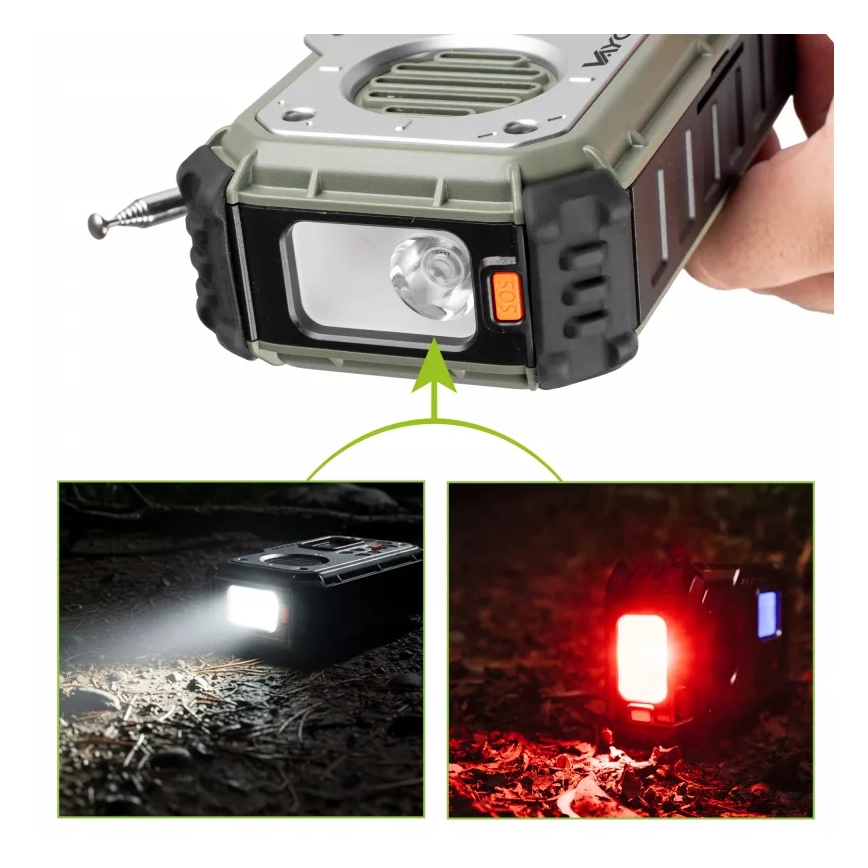 Radio kempingowe z korbką, panelem słonecznym i latarką LED pełniącą funkcję powerbanku 5V/3xAAA/2000 mAh IPX4 zielone