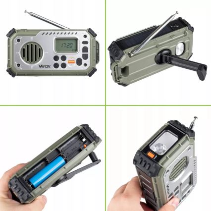 Radio kempingowe z korbką, panelem słonecznym i latarką LED pełniącą funkcję powerbanku 5V/3xAAA/2000 mAh IPX4 zielone